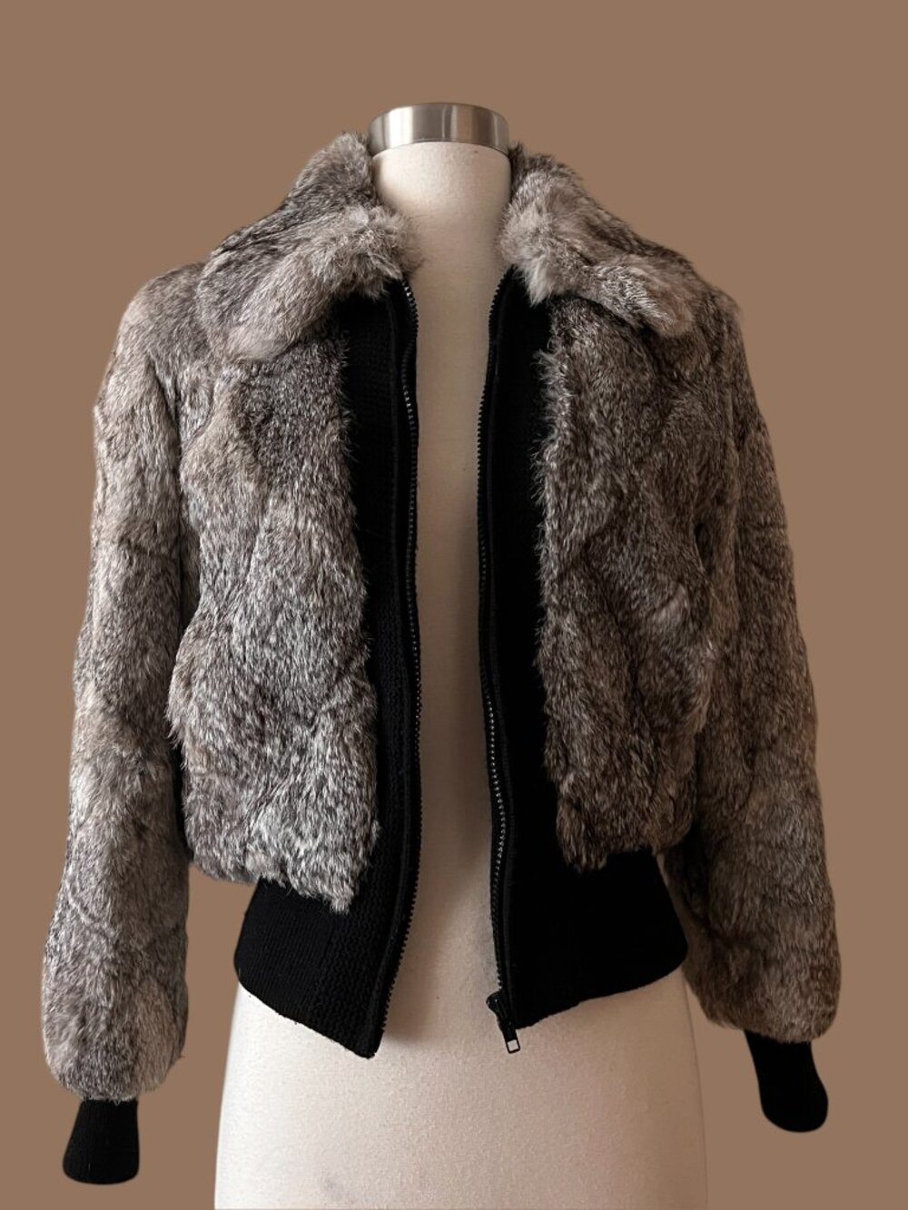 Vintage 70s Rabbit Fur Bomber Jacket with Pockets, XS